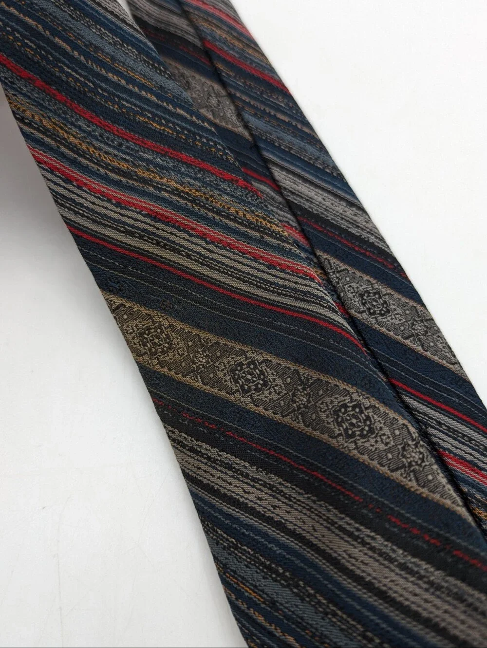 Vintage Blocks X'Andrinin Blue Grey Red Striped Silk Mens Tie